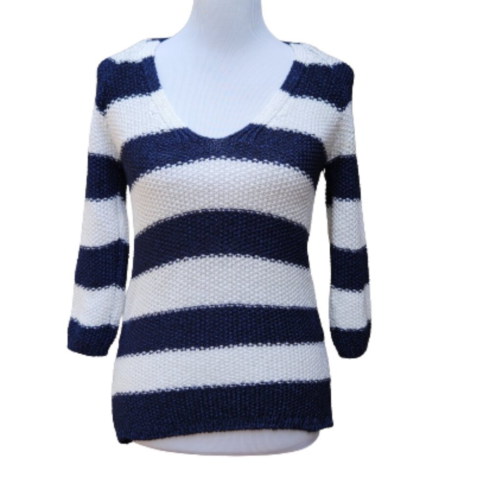 Zara Knit Striped V-Neck Sweater Blue White Shiny Sheen 3/4 Sleeves Nautical